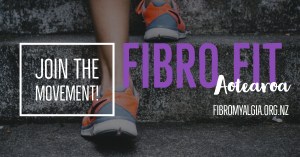 Image depicts a promotional header for "Fibro Fit Aotearoa." The background image is dark, showing the feet of someone wearing sneakers, climbing outdoor stairs. On the left, it says "Join the movement!" in a white box. On the right it says "Fibro Fit Aotearoa" with the website fibromyalgia.org.nz underneath.