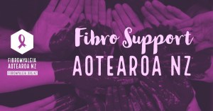 FMNZ Group Header for Aotearoa. The picture shows a group of hands together, painted with a giant heart. The words "Fibro Support Aotearoa NZ" are overlaid with the FMNZ logo.