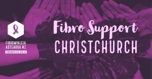 FMNZ Group Header Christchurch & Canterbury. The picture shows a group of hands together, painted with a giant heart. The words "Fibromyalgia Support Christchurch" are overlaid with the FMNZ logo.